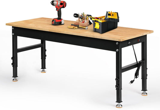 Adjustable Height Workbench, 60" Rubber Wood Top Heavy Duty Workstation with Power Outlets, 2000 LBS Load Capacity Hardwood Worktable for Workshop, Garage, Office, Home, Commercial