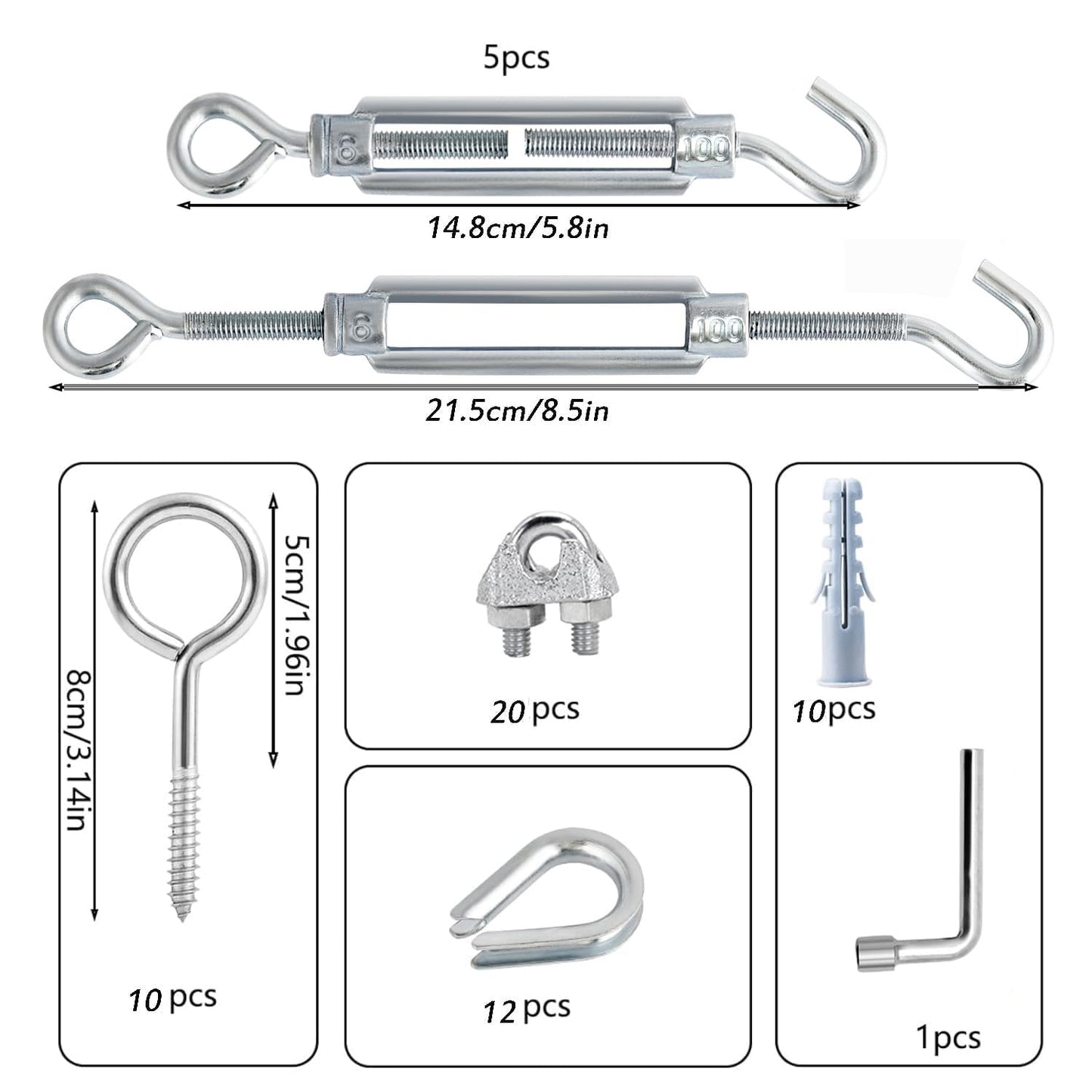 M6 Turnbuckles for Cables Wire Kit, 3/16" PVC Coated Steel Cable Kit w/ 7×7 Strand Core & 100Ft Wire Rope Tensioner Strainer for String Light Hanging/Deck Stair Railing/Shade Sail/Clothes Line
