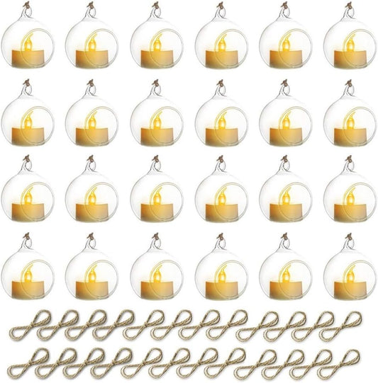 Sziqiqi Hanging Glass Globes Orbs Tea Light Candle Holders with Flameless LED Tealight for Wedding Ornaments, Wedding Birthday Christmas Party Centerpiece Accessory 2.36inch 20pcs +4 Extra