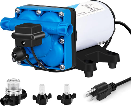 DC HOUSE 110V Camper Water Diaphragm Pump with Power Plug 42-Series 5.5GPM 70PSI High Pressure On Demand Self Priming Water Booster Pump for Kitchen Bathroom RV Garden Hose Rain Barrel Sprinkler