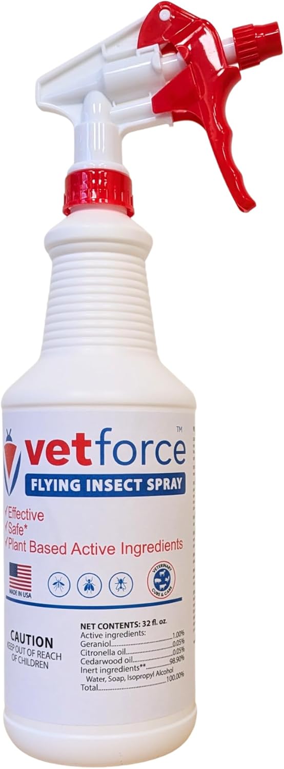 Flying Insect Spray – Fast Action Formula – Broad Coverage Use – Plant-Derived Oils – Easy Spray Application – for Mosquitoes, Stable and House Flies – Gentle Around Animals – 32 oz