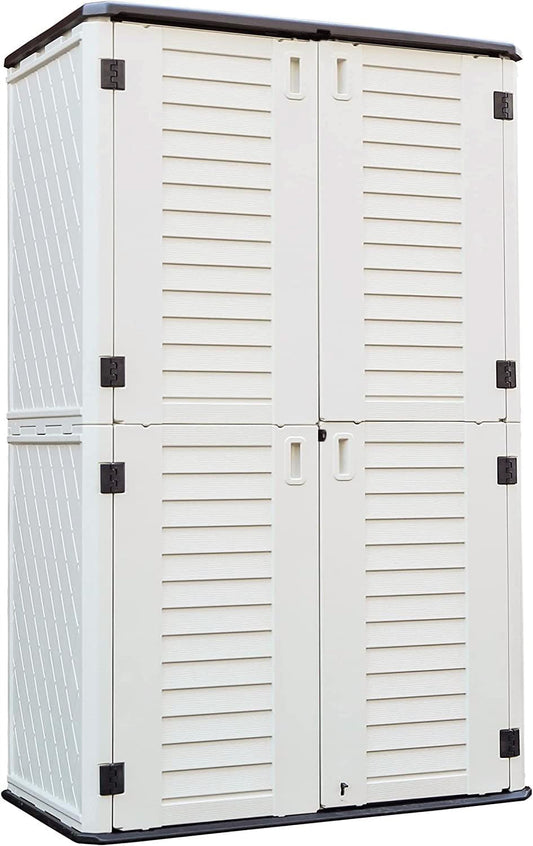 KINYING Outdoor Storage Cabinet Waterproof, Resin Vertical Outdoor Storage Shed for Patio Furniture, Garden Tools, Pool Accessories, Mower Storage (66 Cu.ft, Off White)