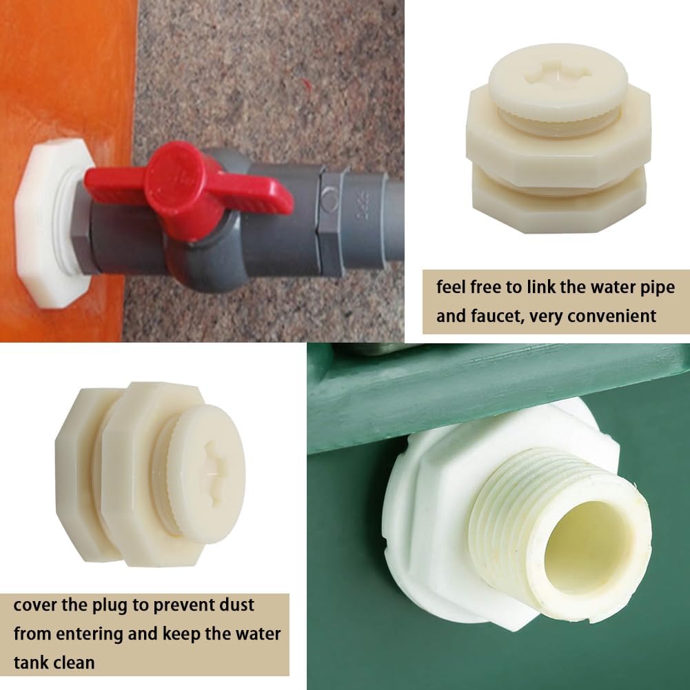 1" Female ABS Bulkhead Fitting, Plastic Water Tank Connector Adapter Fitting with Plugs for Outdoor rain Barrel Garden Hose Adapter Spigot kit Water Tank Gallon Drain Bucket(Set of 4)