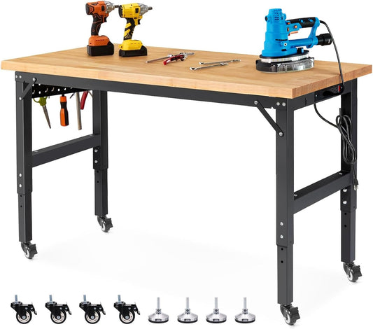 Workbench with Wheels 60 Inch Rubberwood Tabletop Garage Workbench Adjustable Height Work Bench with Pegboard, Power Outlets for Woodworking, Home, Office, Workshop
