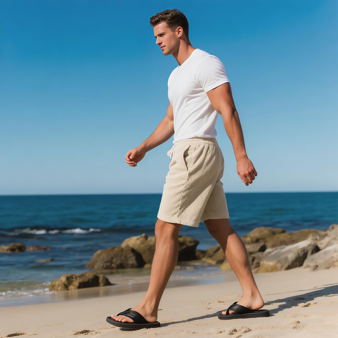 Mens Cargo Shorts Casual Drawstring Elastic Waist Corduroy Summer Beach Shorts with Pockets