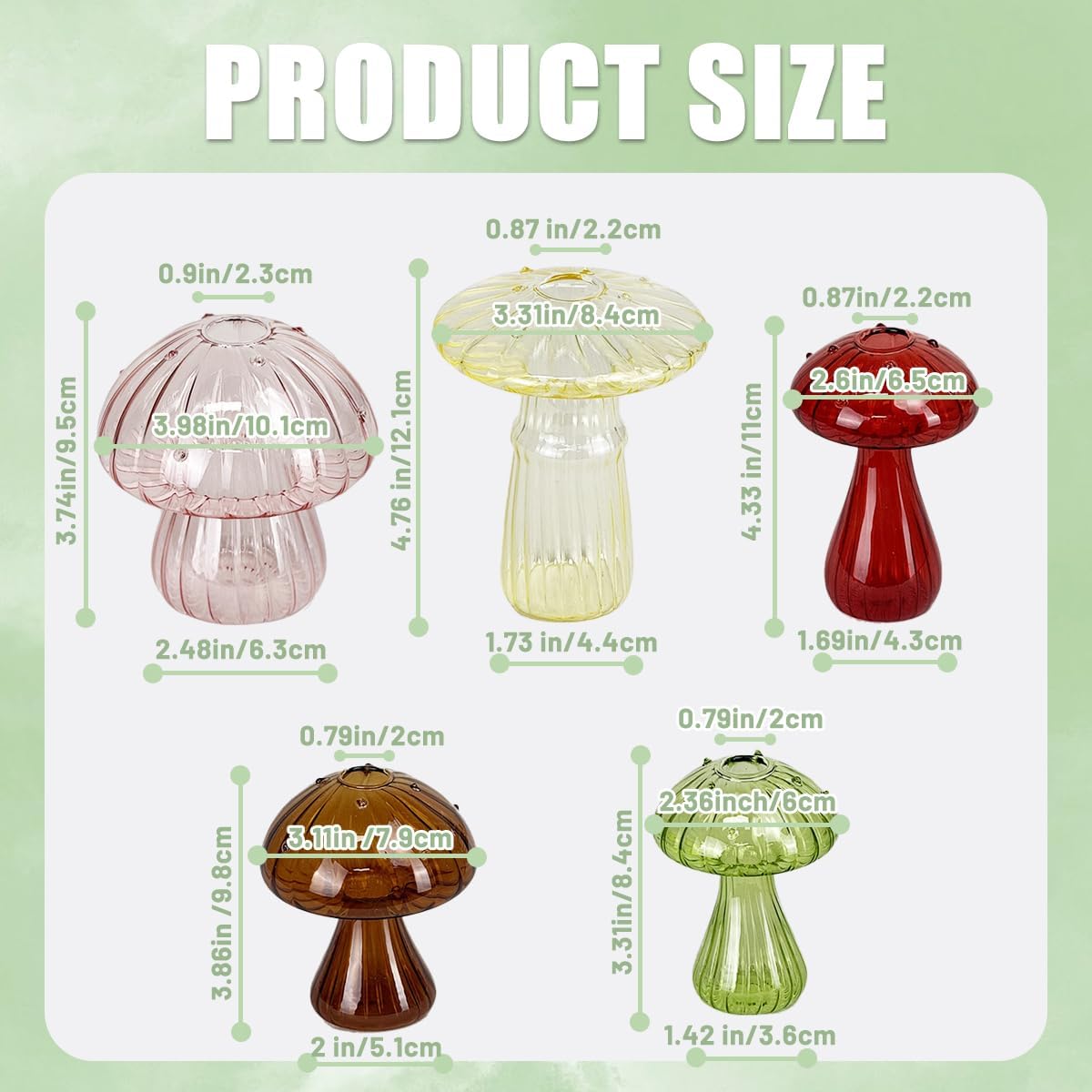 5 Pcs Mushroom Glass Planter for Plants, Stylish Unique Mushroom Vase for Home Decoration,Colorful Propagation Jars,Ideal Gardening Companion and Creative Floral Arrangement