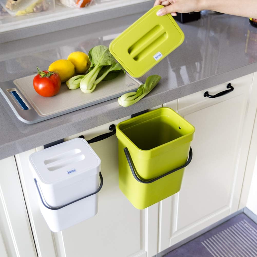 Counter Top Compost Bin with Lid for Kitchen Waste Food Scrap,Mountable Bathroom Hanging Small Trash Can Under Sink 1.3 Gal/5 L Series,Green