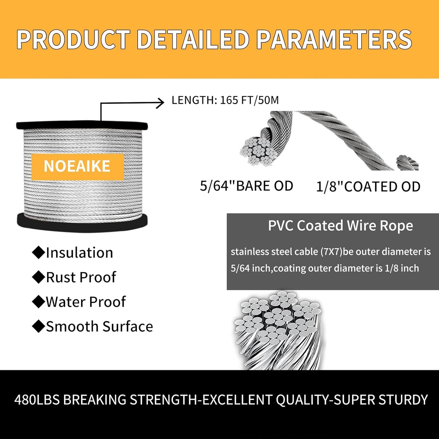 Wire Rope Kit,165FT 1/8" Vinyl Coated Stainless Steel Wire,Turnbuckles for Cables Wire,Metal Wire for Outdoor String Lights Hanging,Garden Wire,Clothes Line Cable