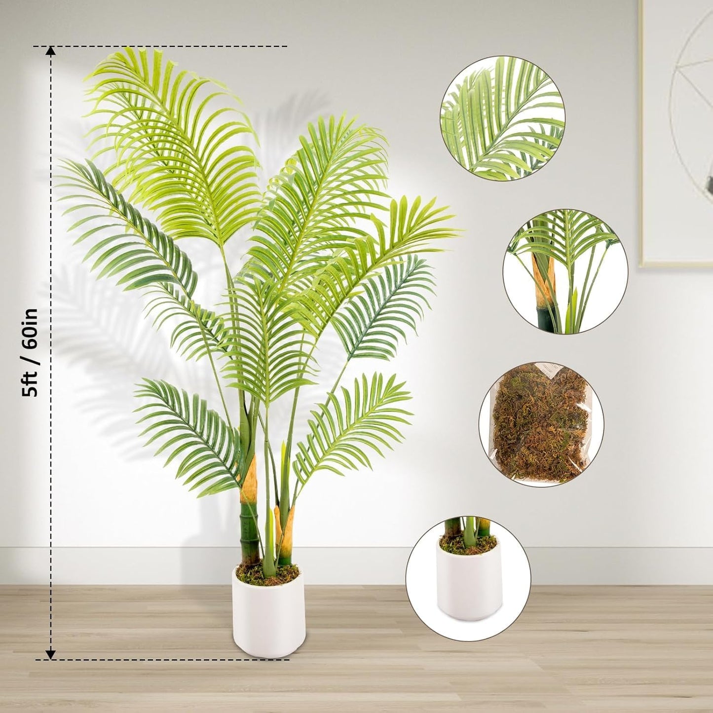 Artificial Fake Palm Tree 5FT 1Pack with White Planter & Free Moss, UV Resistant Artificial Palm Tree for Outdoors, Fake Plants for Poolside Home Room Decor, Faux Plants Outdoor Decor