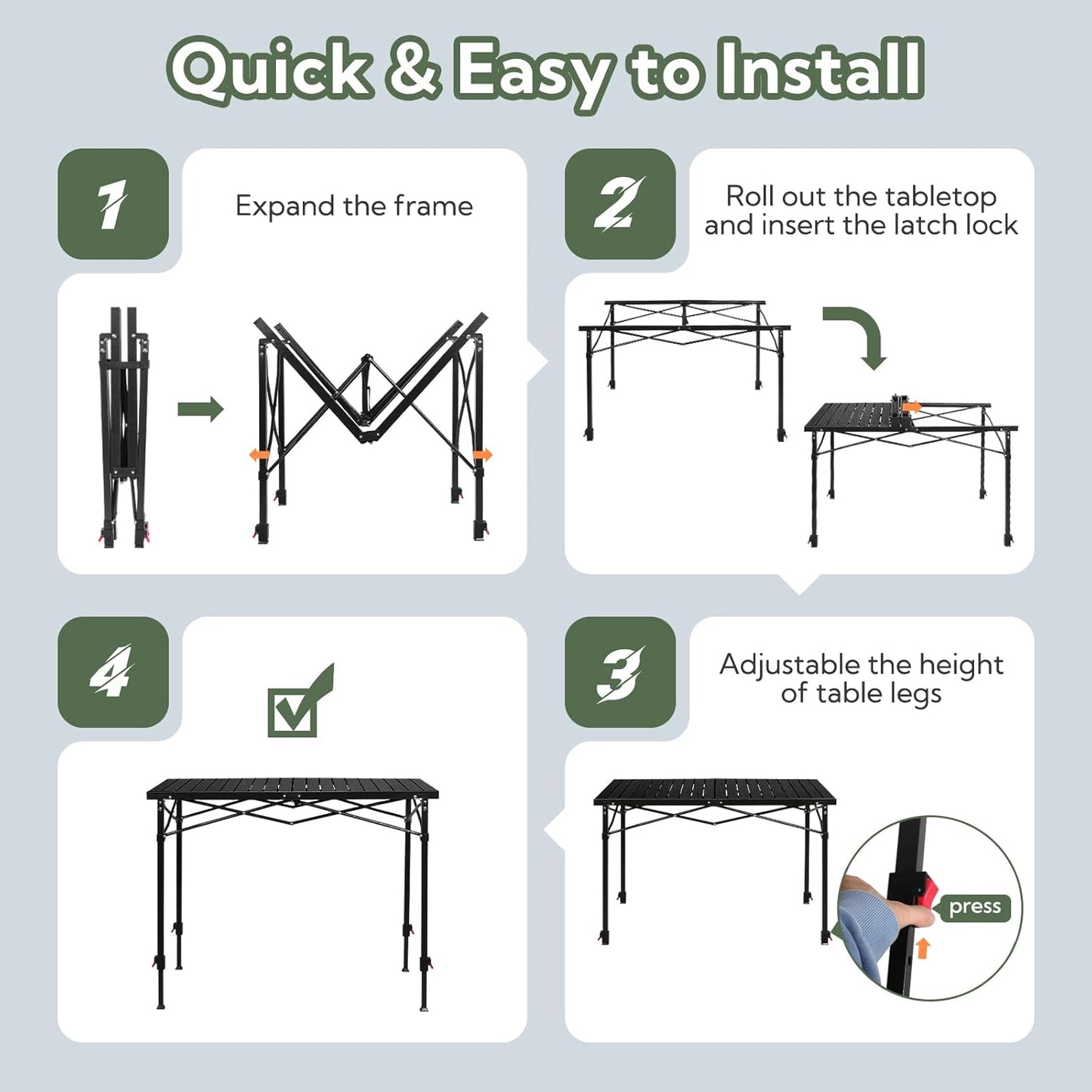 Portable Outdoor Adjustable Height Camping Table, Large for 2-6 Person, Foldable Roll-up Aluminum Camp Table with Carry Bag for Picnic, Camp, Sturdy, Stable, Loads 220 Lbs (Black)