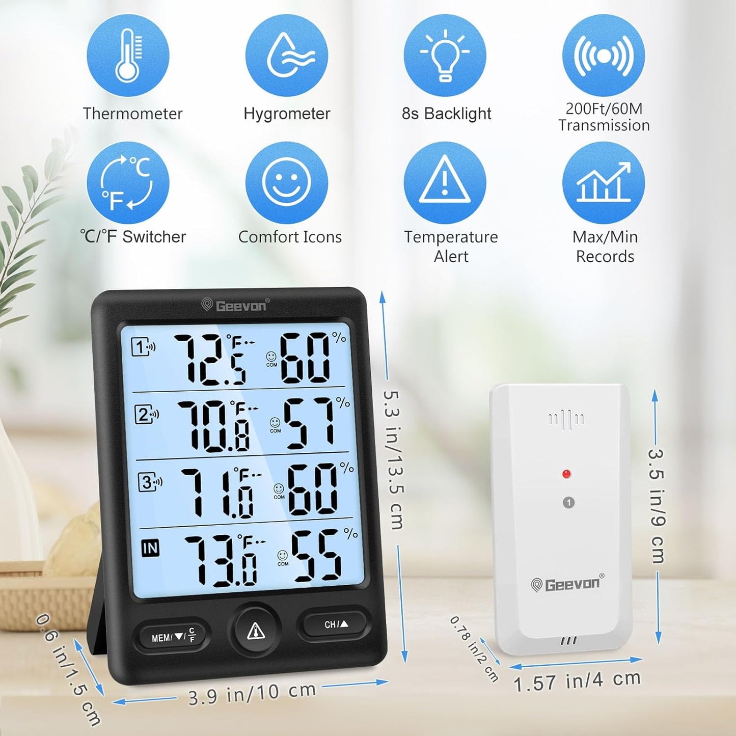 Geevon Indoor Outdoor Thermometer Wireless 3 Remote Sensors, 5-Inch Display Digital Hygrometer Thermometer Temperature Humidity Monitor with 8S Backlight, Battery-Powered (Black)