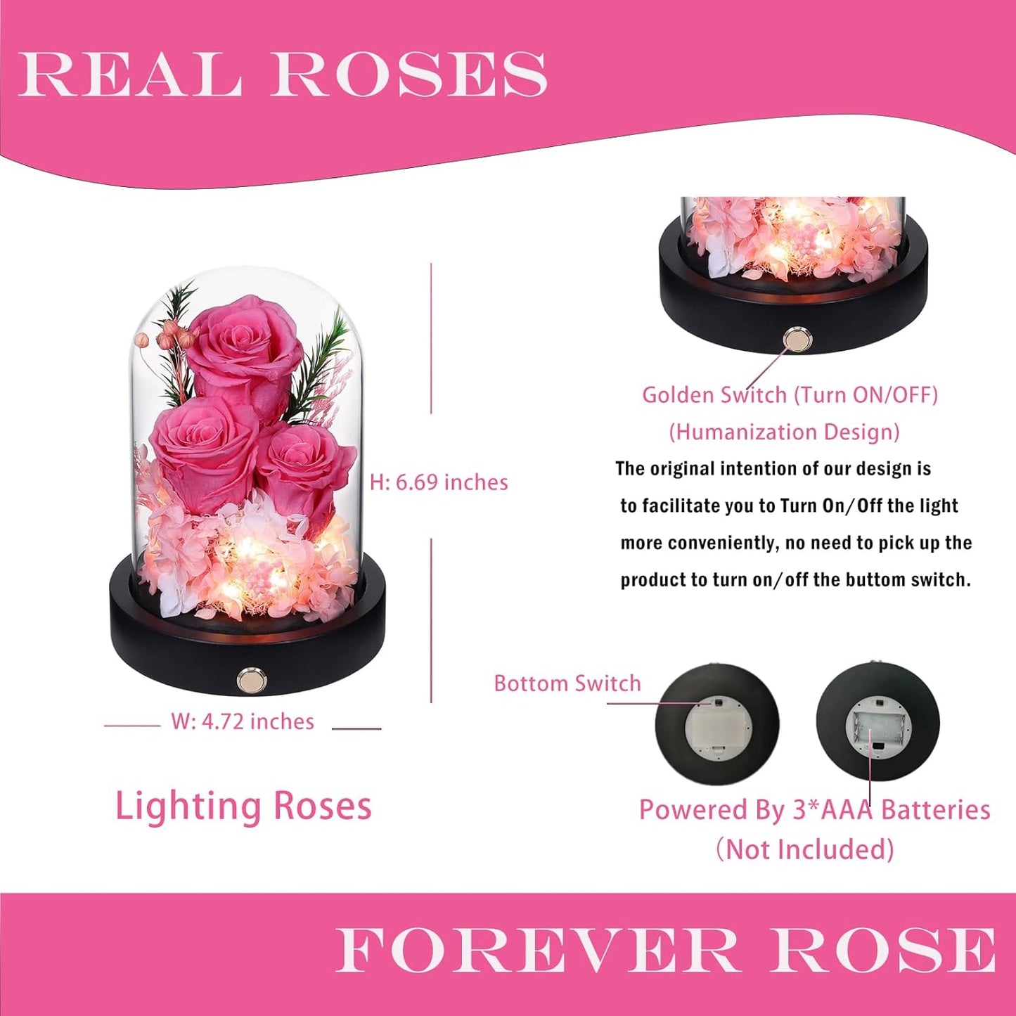 Mothers Day Flowers Gifts for Mom,Pink Forever Preserved Roses in Glass Dome, Anniversary Valentines Day Birthday Gifts for Wife Grandma Women Daughter Mother Her