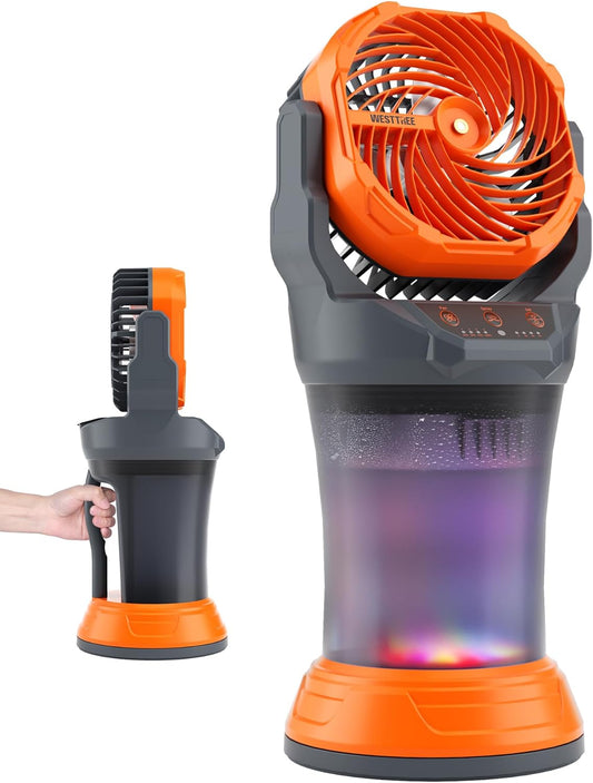 Portable Misting Fan with Larger Battery Fan-Rechargeable Outdoor Misting Cooling Fans with 2L Water Tank,RGB Lights,4 Speeds & Spray Modes-for Patio, Camping, Beach, Workshop (Gray-Orange)