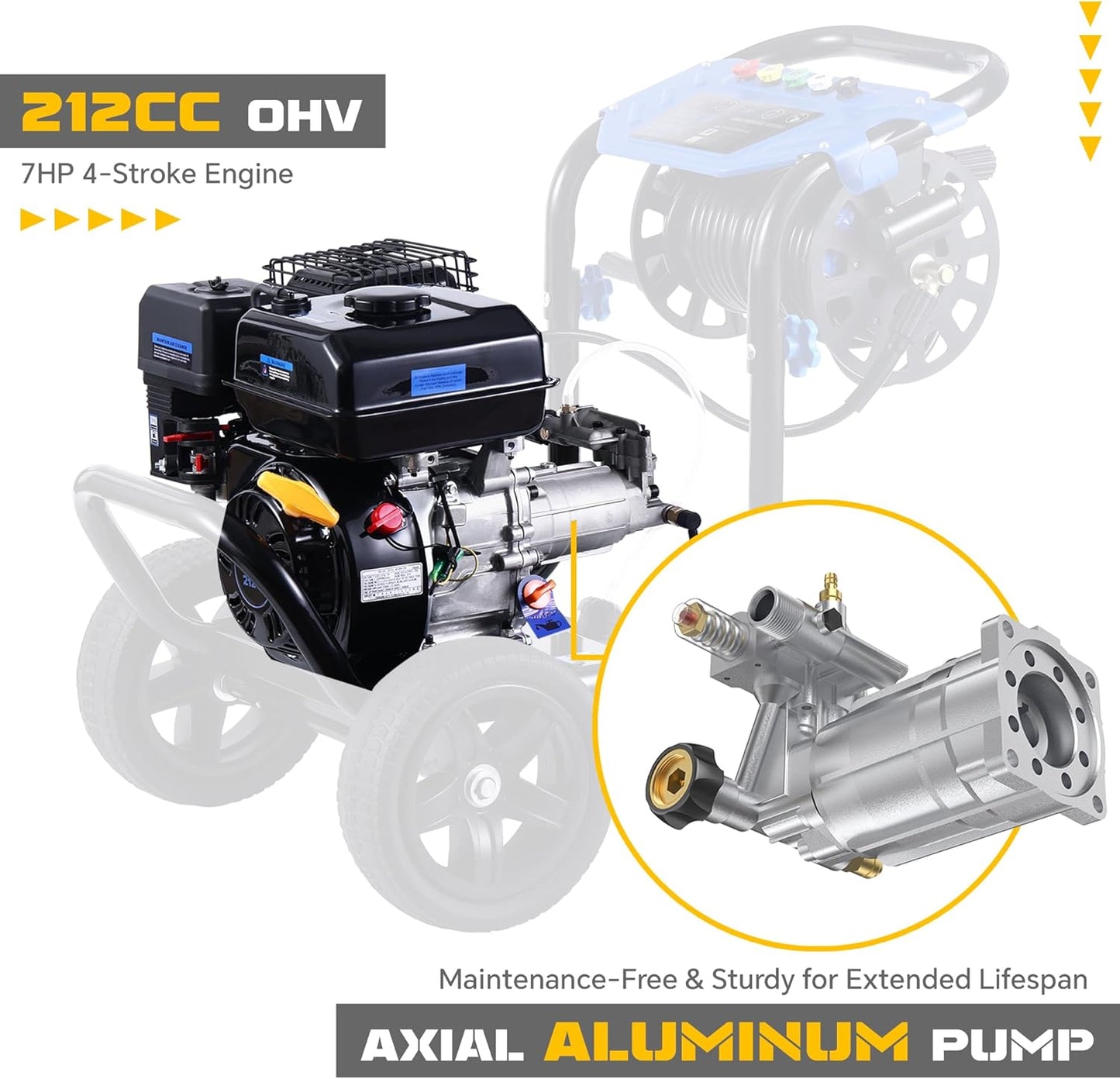 Gas Pressure Washer 3600 PSI 2.3 GPM, 212CC Power Washer with 5 Quick-Connect Nozzles, 30FT Hose & Reel, Aluminum Axial Pump, Heavy-Duty Pressure Cleaner for Driveways, Cars, Fences, Home Use