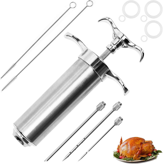 Meat Injector Syringe Kit, Flavor Injector with 3 Marinade Needles, Stainless Steel Kitchen Food Injection Syringe for Turkey Cooking