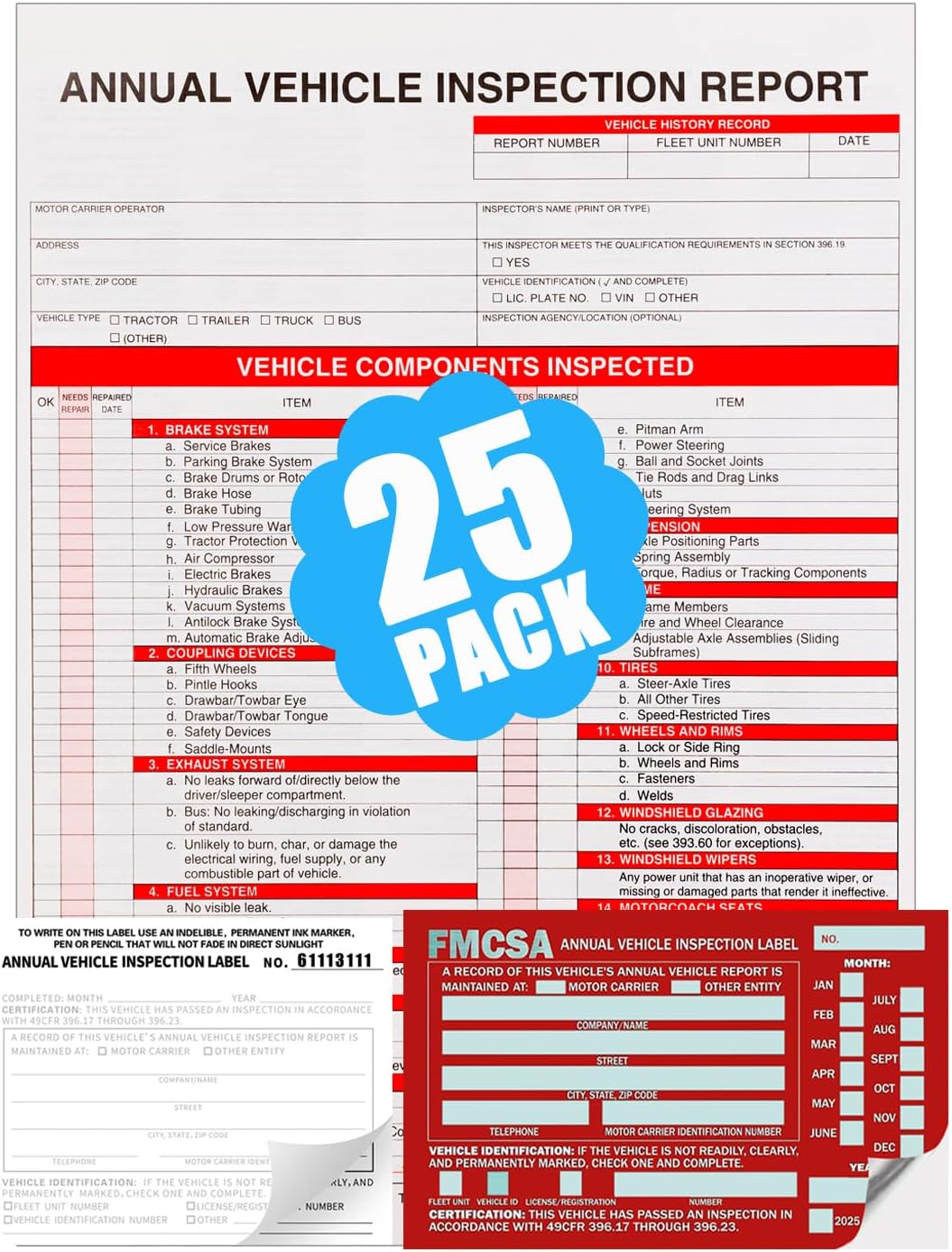 25 Pack 3-Ply Carbonless Annual Vehicle Inspection Report Form with White Interior Inspection Label and Red Exterior Aluminum Inspection Label