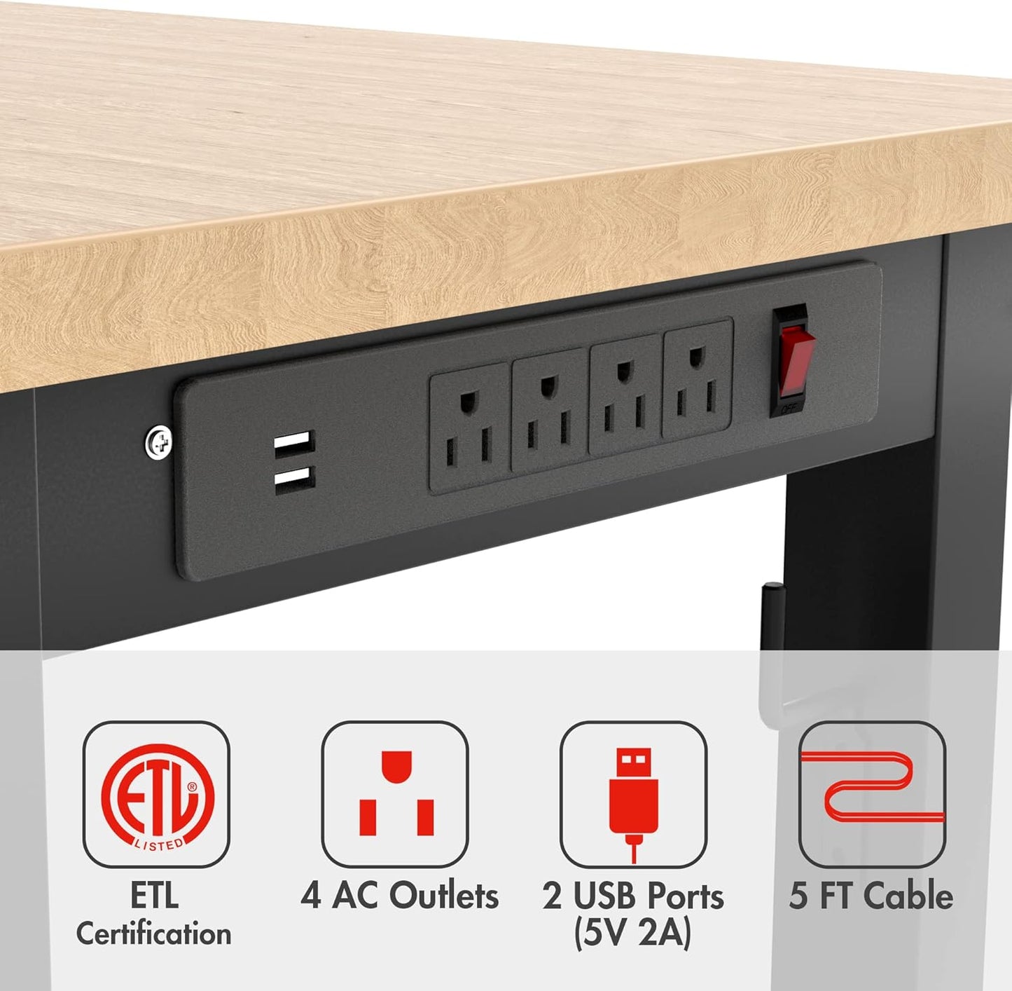 WORKPRO 48" Adjustable Workbench, Rubber Wood Top Heavy-Duty Workstation, 2000 LBS Load Capacity Hardwood Worktable with Power Outlets, for Workshop, Garage