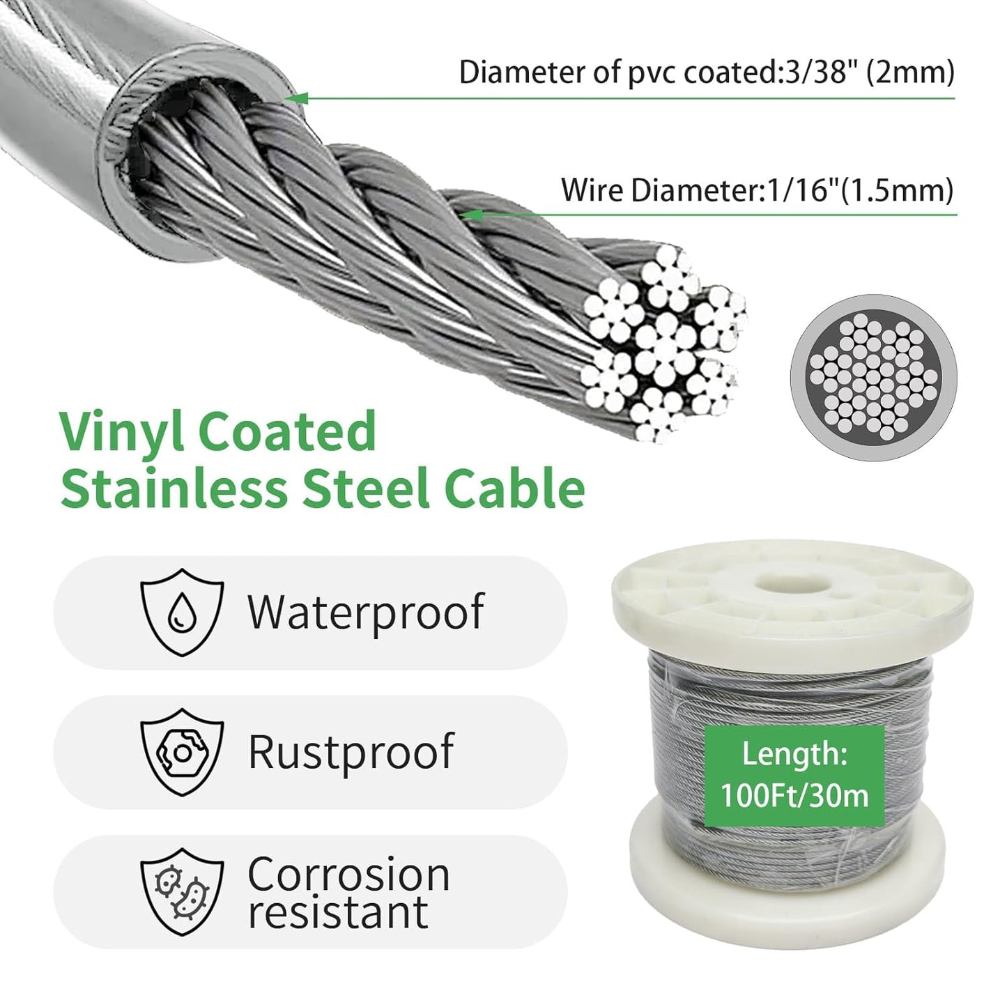 3/38" Wire Cable Rope Kit ，Vinyl Coated 304 Stainless Steel Wire – 100FT 7x7 Strand Cable with Turnbuckles，String Lights Hanging Kit for Outdoor, Garden,Patio, Crafts, Hanging Lights