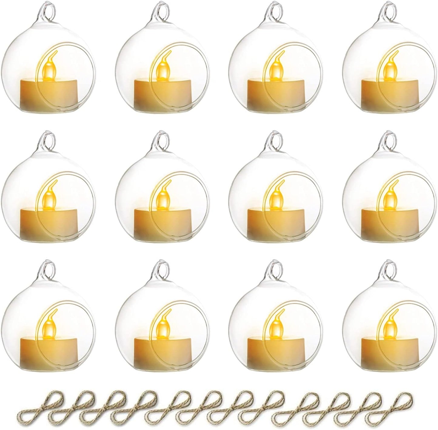 NUPTIO Hanging Glass Globe with Candles: Set of 12 Tealight Candle Holders with LED Tea Lights - 2.36 inch Bulk Clear Votive Candleholders for Party Wedding Birthday Shower Celebration Tree Decoration