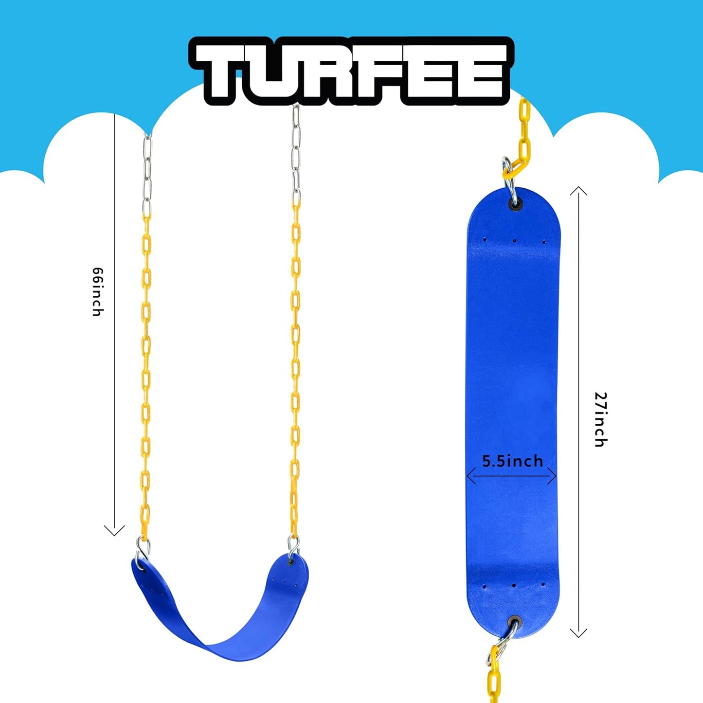 TURFEE 2 Pack Swing for Outdoor Swing Set, Swing Seat Replacement Kit with 66" Heavy Duty Chains, 4 Snap Hook for Kids Outdoor Play Playground, Trees, Playground (Blue)