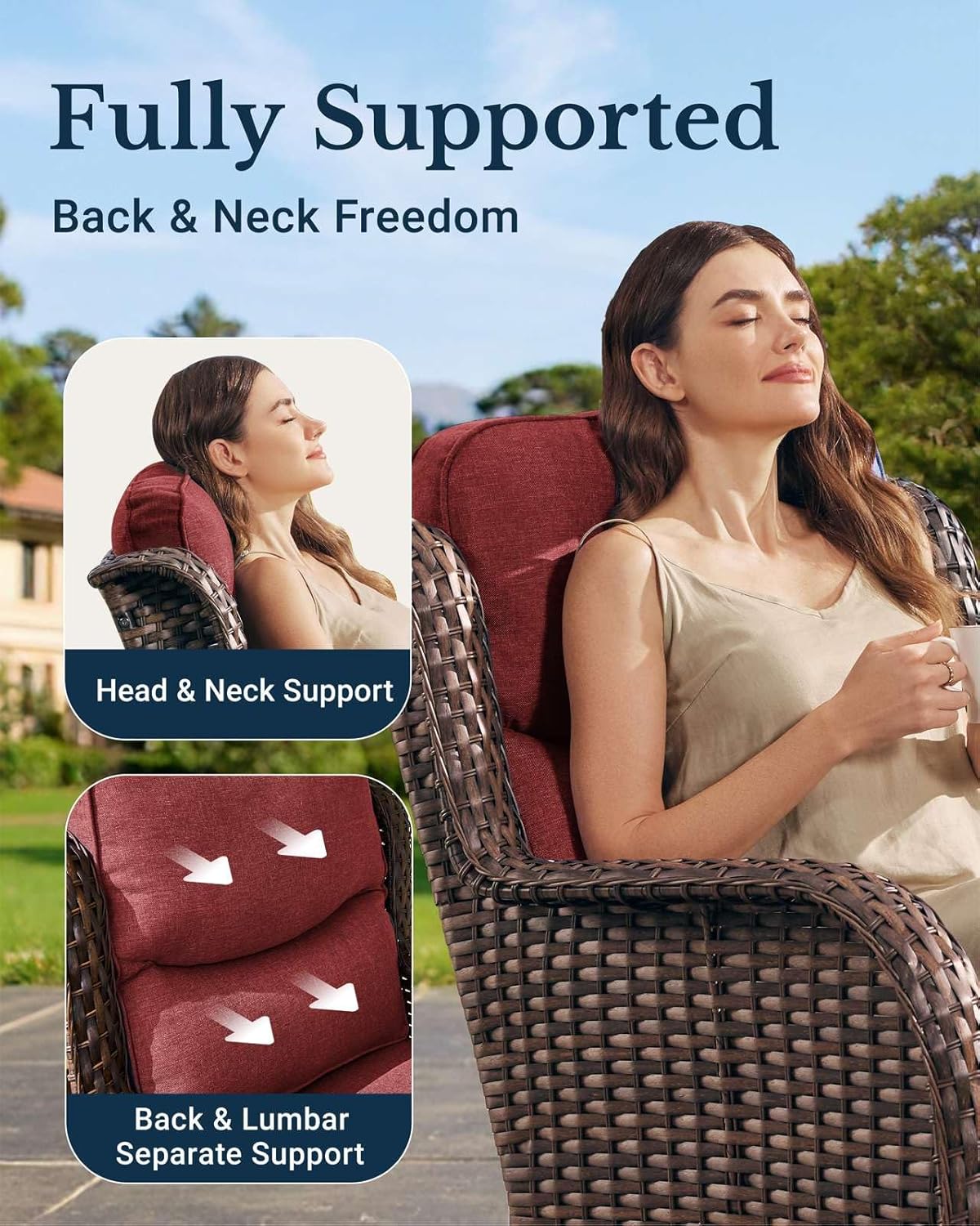 HILLGA Luxury Patio Furniture Set with 6-inch Thick Cushion, Outdoor Couch and High Back Swivel Rocker Patio Chairs, 8PCS Wicker Conversation Set for Deck Yard and Poolside, Burgundy (V2)