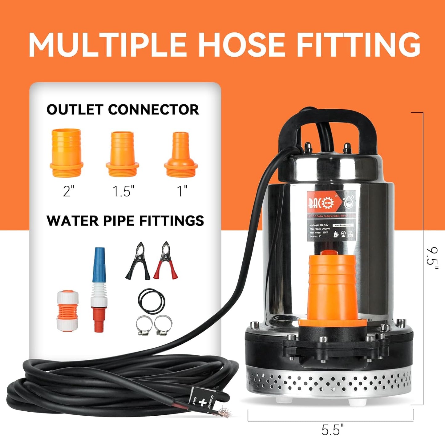 BACOENG DC 12V Solar Water Pump, Submersible Well Pump 20FT, 20GPM Lift for Farm & Ranch