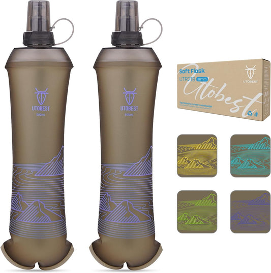 UTOBEST 500ml Soft Flask, 2 Pack Flexible TPU Hydration Water Bottle, Collapsible with 28mm Caliber for Running, Hiking, Cycling, Climbing, and Marathon Purple