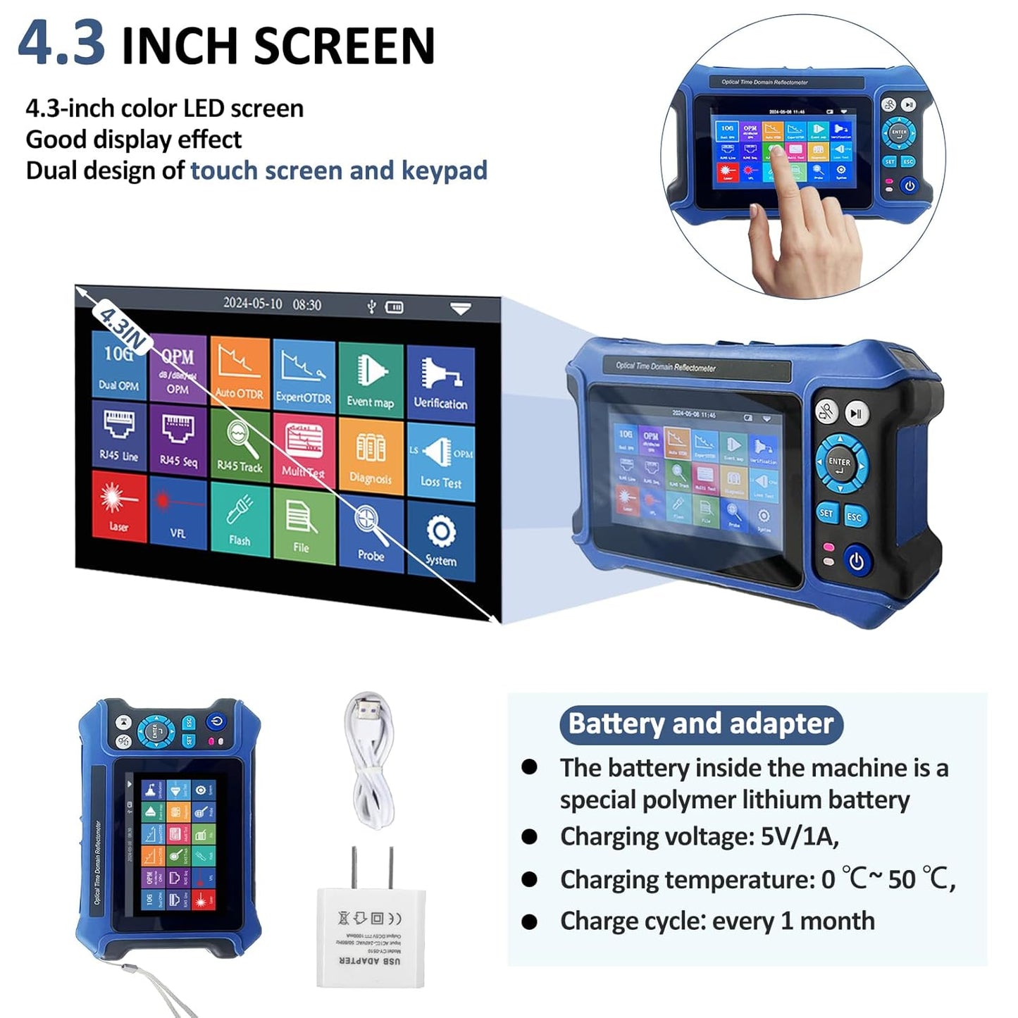 16-in-1 OTDR Optical Fiber Tester 1310/1550nm,4.3' Touch Screen and Event Map OLT (Optical Loss Test), Fiber Tester Built-in VFL OPM LS/OLS/RJ45,Functions RJ45 Cable Tester Network Tools