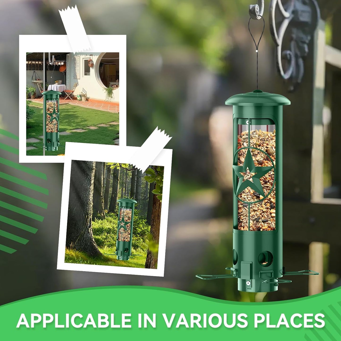 Squirrel Proof Bird Feeders for Outdoors Hanging, Metal Squirrel Proof Bird Feeder with Gravity Protection, 3LB Large Capacity Wild Bird Feeders for Outside Finch, Cardinal, Blue Jay (Green)