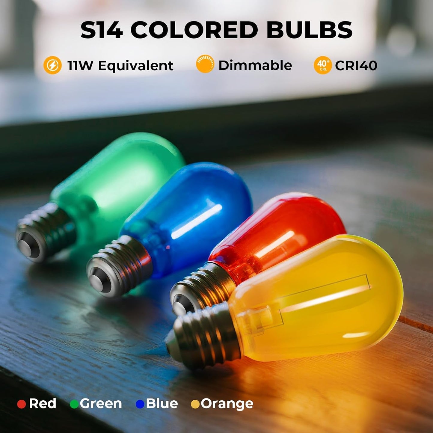 24 Pack LED S14 Colored Light Bulbs for Outdoor String Lights, Shatterproof 1W Replacement Bulbs for Patio Lights, Dimmable, 2200K Warm White, E26 Base, Multi-Color: Red/Blue/Yellow/Green