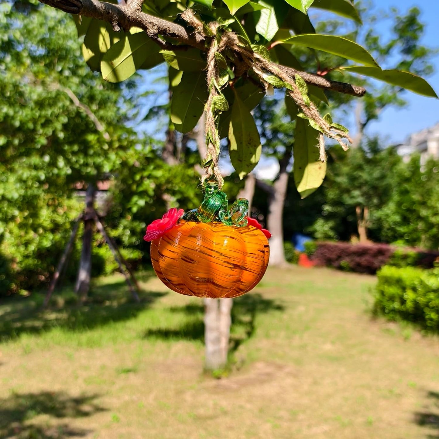 Small Glass Hummingbird Feeders for Outdoors Hanging - 2PC X Orange Yellow Hand Blown Glass Pumpkin Nectar Feeding, 2 Flowers Feeding Ports, Decor for Garden/Backyard Outside