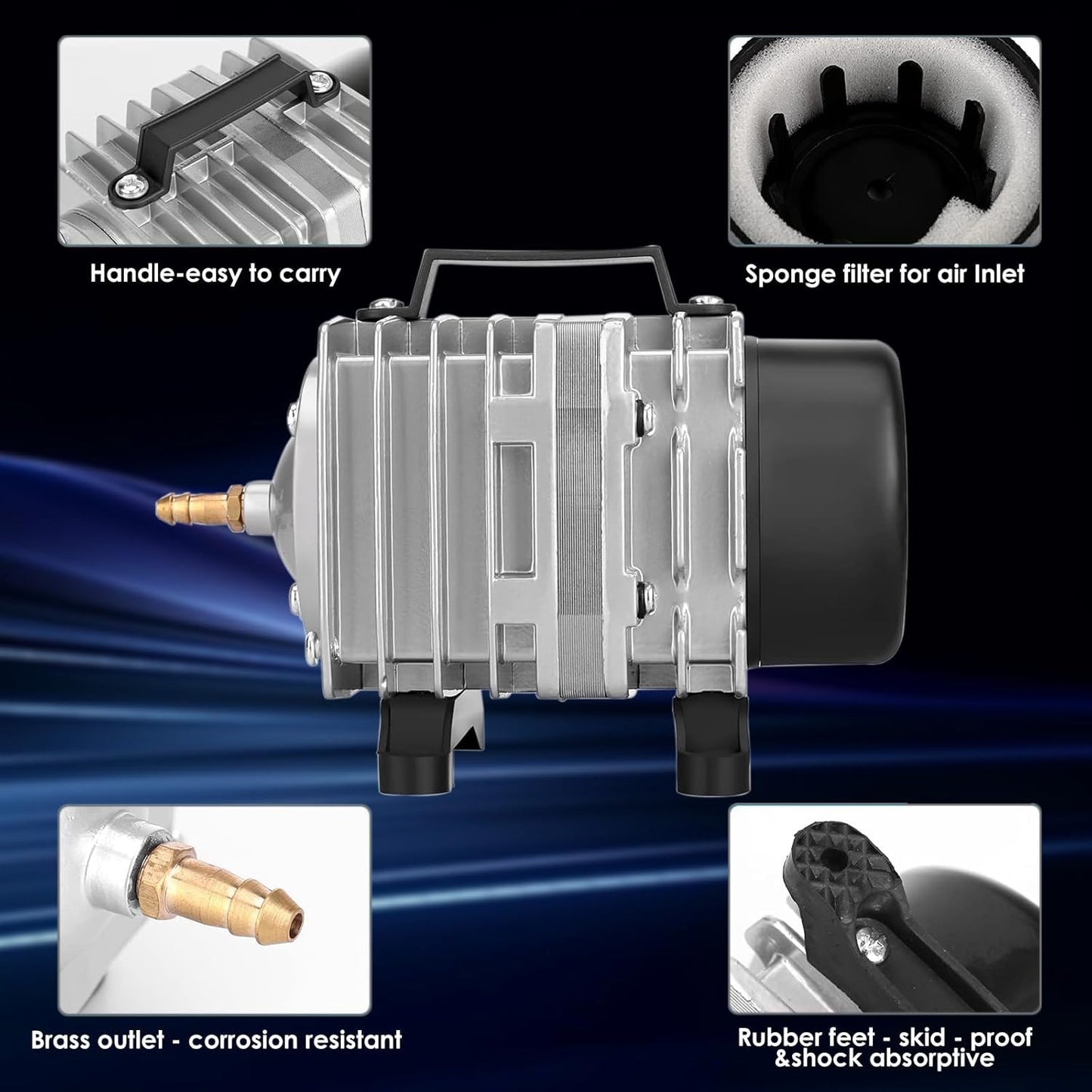Aquarium Air Pump with Aluminum Housing, Commercial Air Pump with 6-Outlet Air Manifold, Pond Aerator Fish Tank Bubbler for Aquarium, Pond, Hydroponics (650GPH-20W)