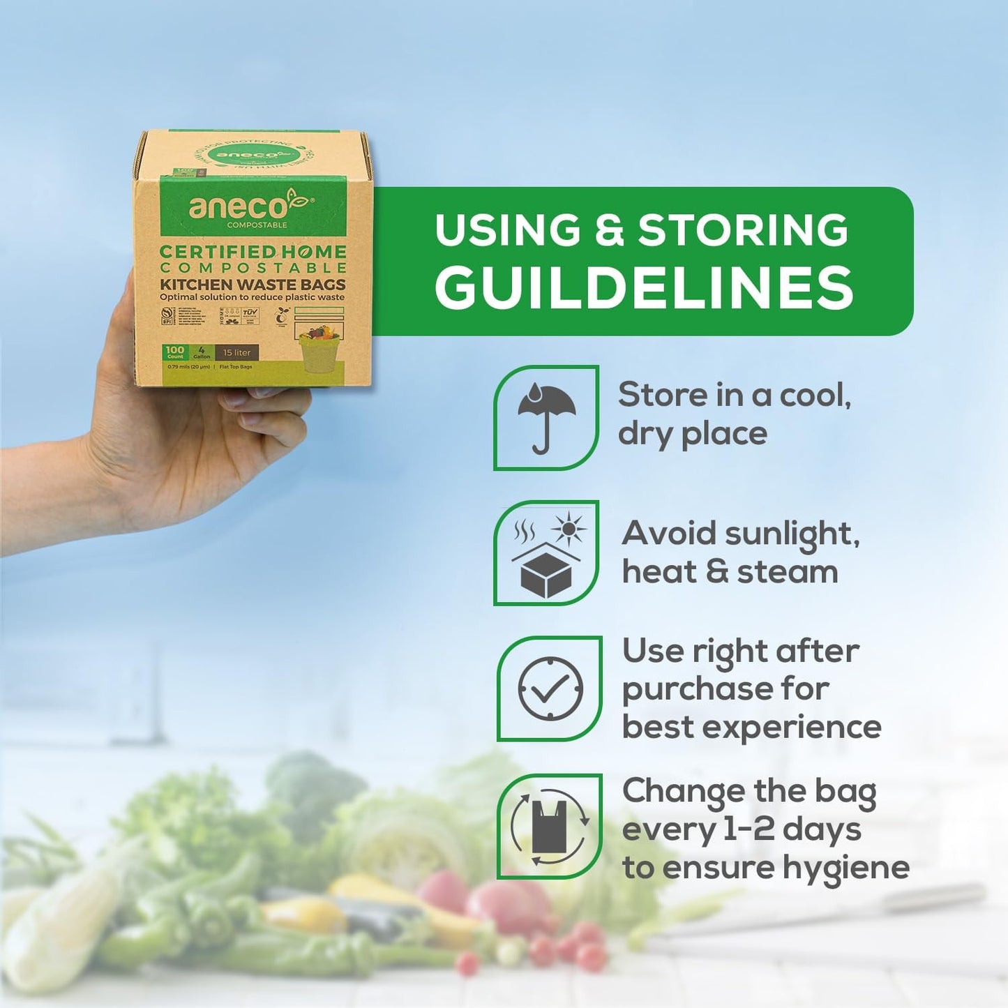ANECO Compostable Trash Bags 4 Gallon (Flat-Top, 100 Count), Extra Strong for Medium Kitchen Garbage, OK Compost HOME & BPI Certified Compostable