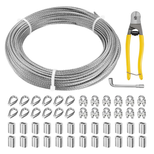 1/8 Inch Stainless Steel Cable 200FT, 7x19 Strand Wire Rope Kit with Thimbles, Clips & Aluminium Sleeves for Plants Climbing, Deck Fence Railing, String Light Haning and DIY Projects