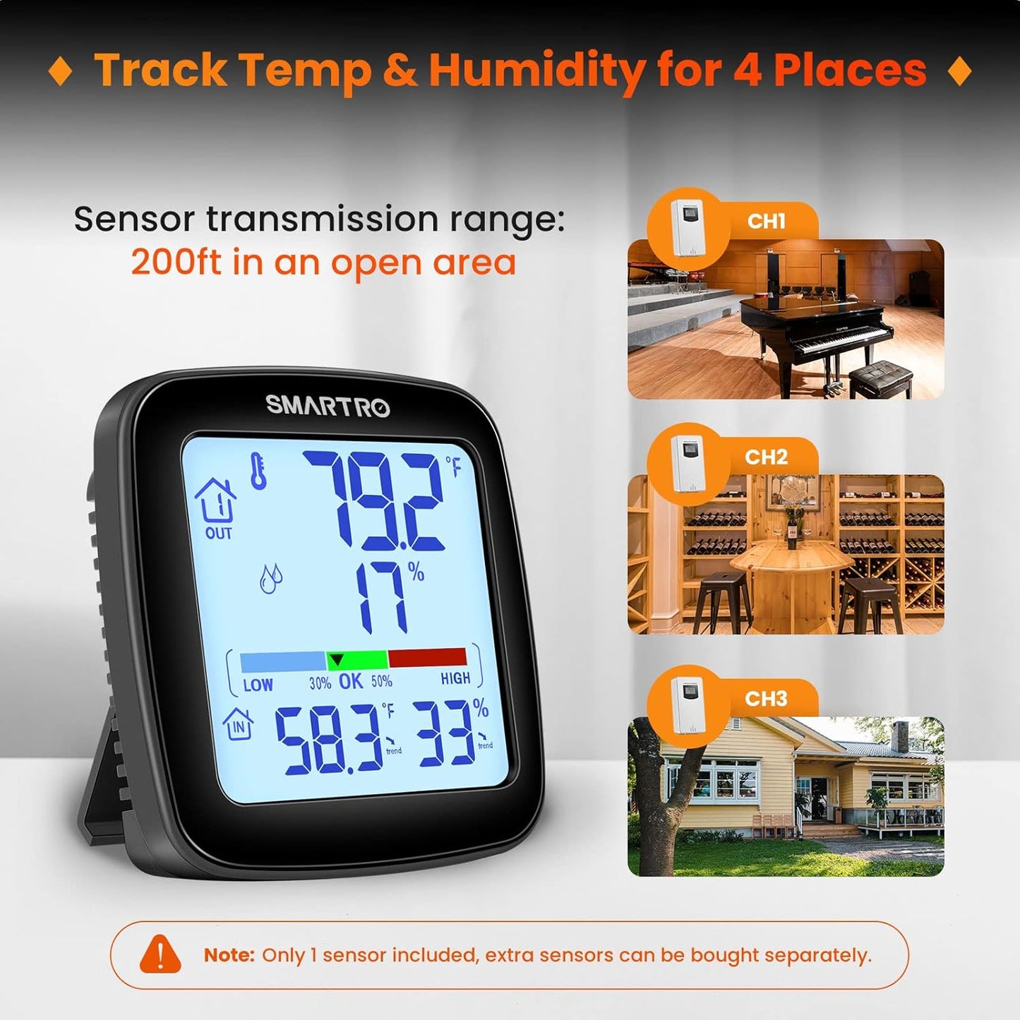 SMARTRO SC92 Professional Indoor Outdoor Thermometer Wireless Digital Hygrometer Room Humidity Gauge Temperature and Humidity Meter Pro Accuracy Calibration