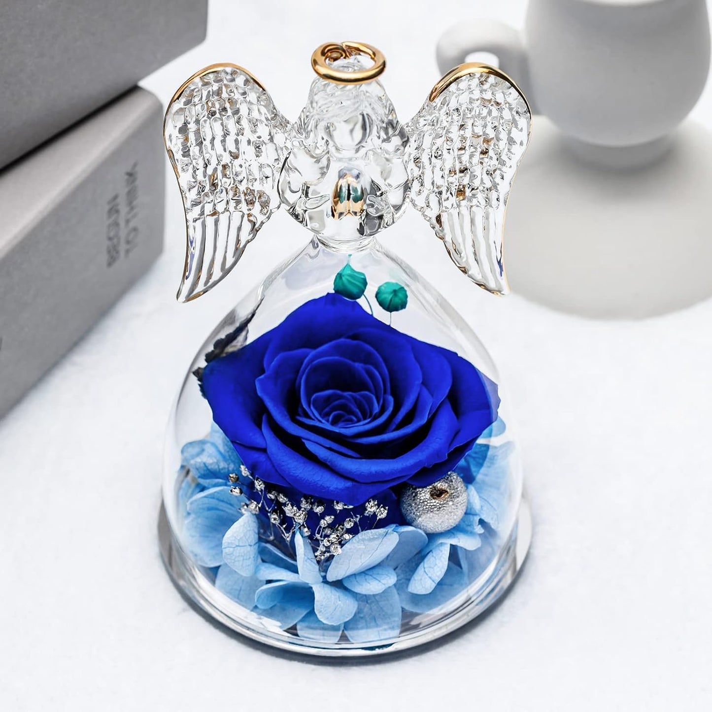 Yamonic Mom Birthday Gifts for Mom, Angel Figurines with Real Rose Gifts for Her Mom Grandma,Preserved Flowers Rose Angel Figurines for Mothers Day Christmas Anniversary Birthday Gifts for Her (Blue)