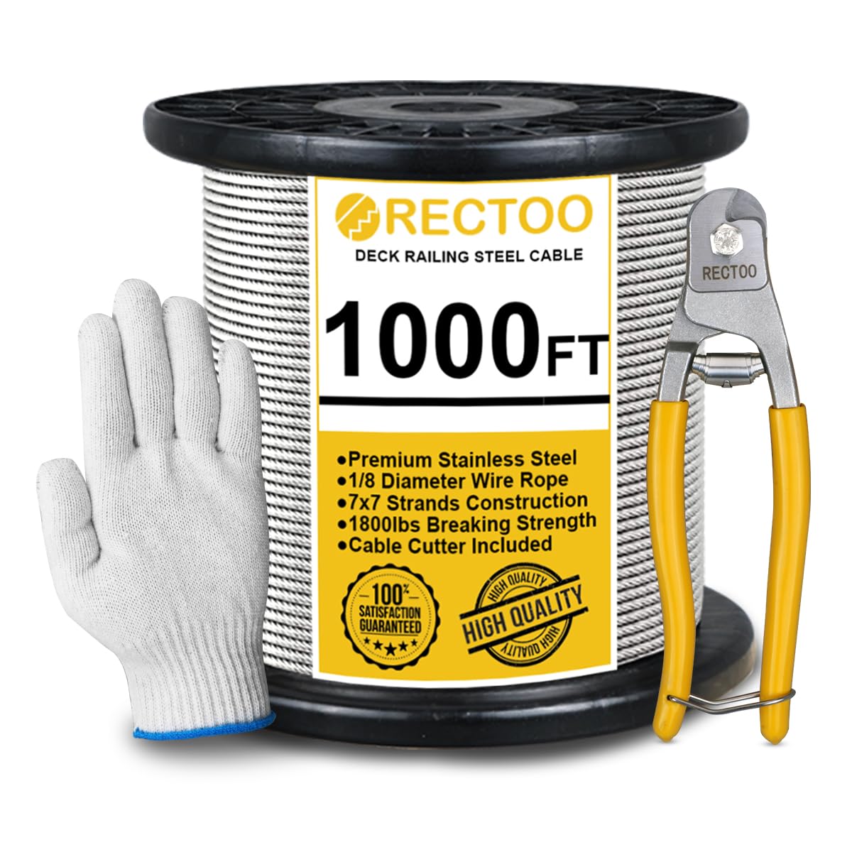 1000FT 1/8" T316 Stainless Steel Cable with Cutter, 7x7 Strands Aircraft Wire Rope for Deck Railing, Stair Handrail, Porch Fence, High Strength for Indoor and Outdoor Use