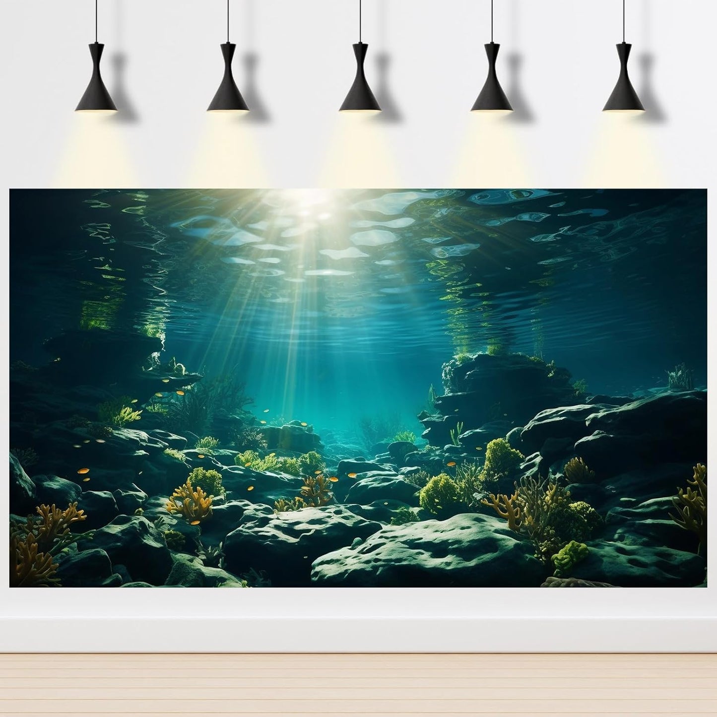 Aquarium Background Underwater Aquatic Plants Rocks Fish Terrarium Backdrop Sunlight Rays Coral Fish Tank Background Cave Style Landscape Sea Grass Tank Wallpaper Poster Vinyl 36x20in