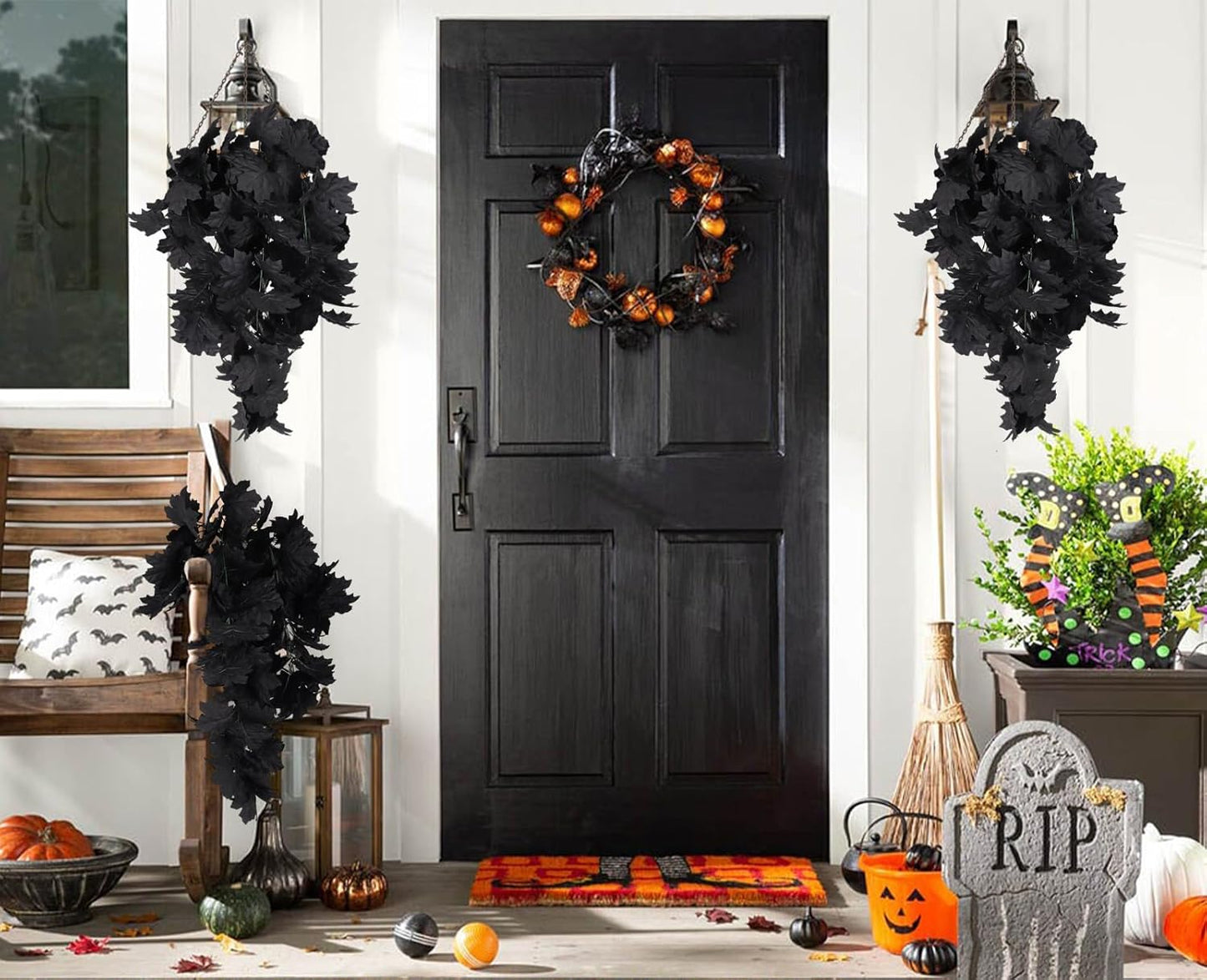 RECUTMS Black Maple Leaf Garland 2PCS Artificial Hanging Fall Halloween Maples Leaves Swag Plants 2.5ft Faux Silk Autumn Garlands for Indoor Outdoor Thanksgiving Party Home Room Fireplace Patio Decor