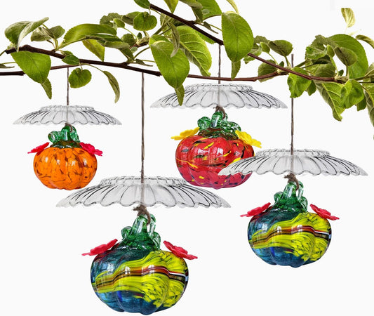 Small Glass Hummingbird Feeders for Outdoors Hanging - 4PC X Mixed Color Hand Blown Glass Pumpkin Nectar Feeding + Rain Cover, 2 Flowers Feeding Ports, Decor for Garden/Backyard Outside