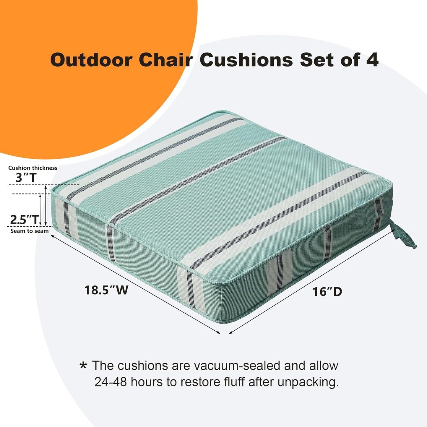 Square Corner Seat Cushions, 18.5" x 16" x 3", Set of 4, Indoor Outdoor Water Repellent Universal Chair Pads with Ties for Patio Furniture, Garden Deck Dining Chairs, Aqua Stripe