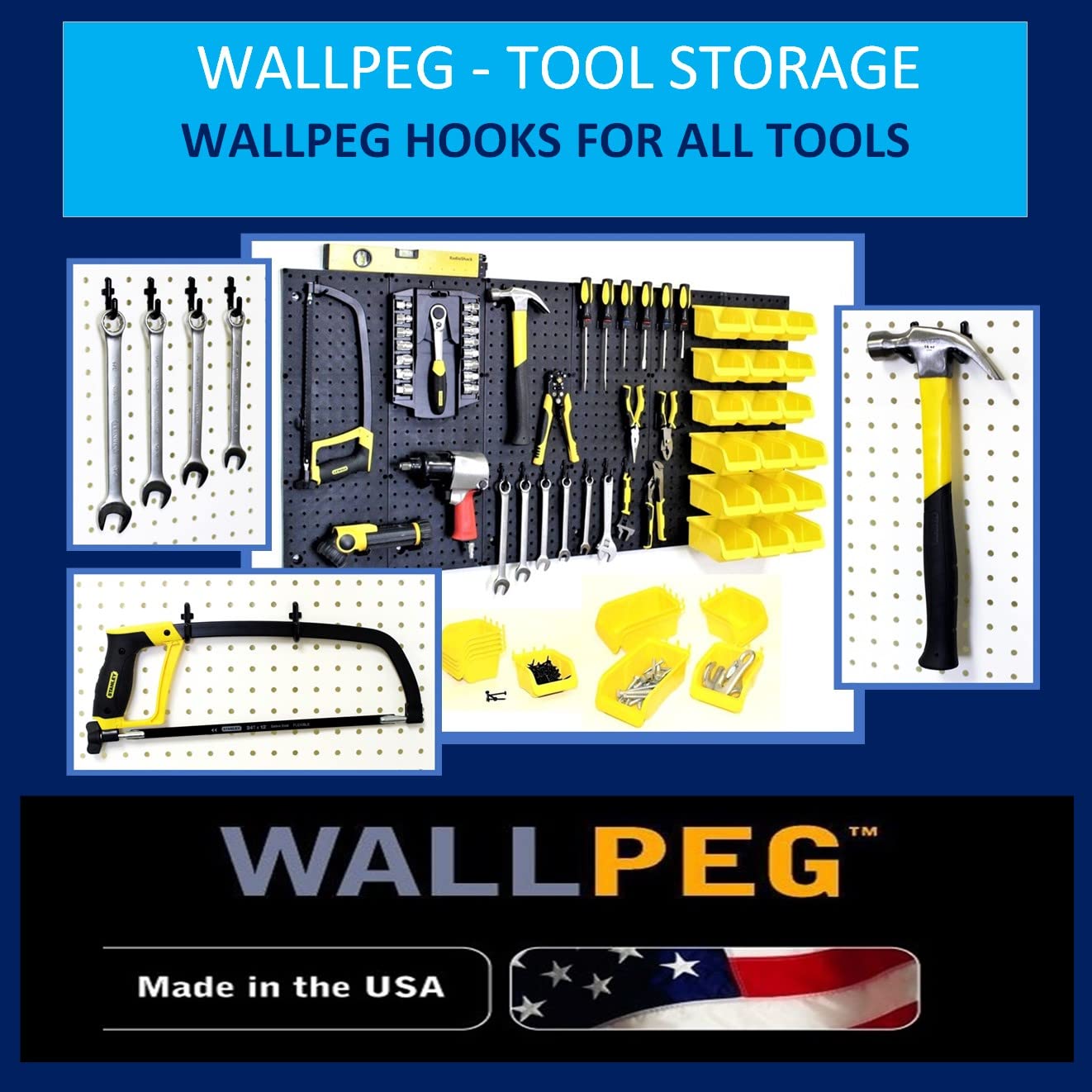 WallPeg Pegboard Wall Organizer (PK-160) - Garden Tools Storage - Hand Tool Organizer - Pegboard Bins for Parts Storage and Organization - Locking Pegboard Hooks