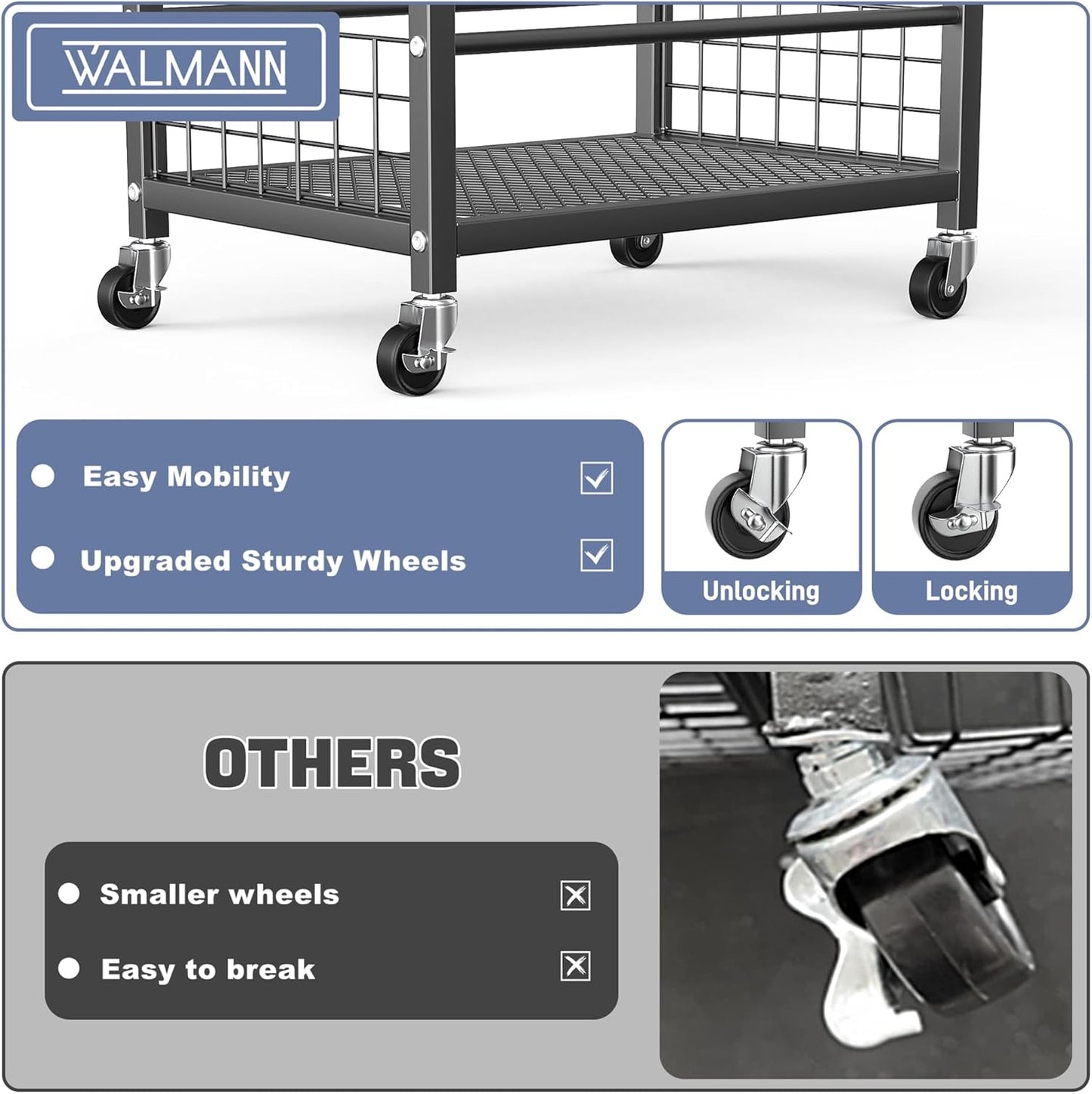 WALMANN Garden Tool Organizer with Wheels for Garage, Rakes/Shovels/Yard Tools Storage Stand for Garden, Shed, Indoor/Outdoor Long-Handled Tools Rolling Cart