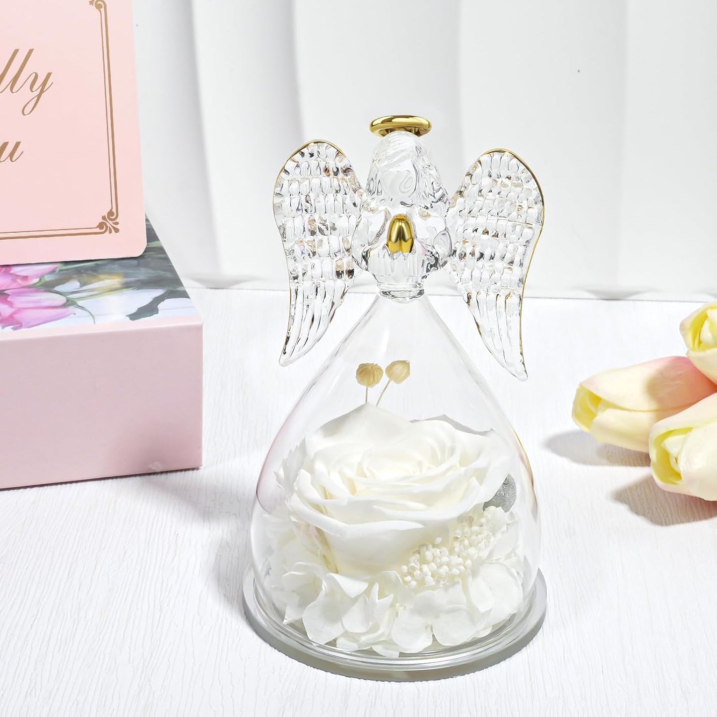 Yamonic Birthday Gifts for Women, Angel Figurines with Real Rose Gifts for Her Mom Grandma,Preserved Flowers Rose Angel Figurines for Mothers Day Christmas Anniversary Birthday Gifts for Her (White)
