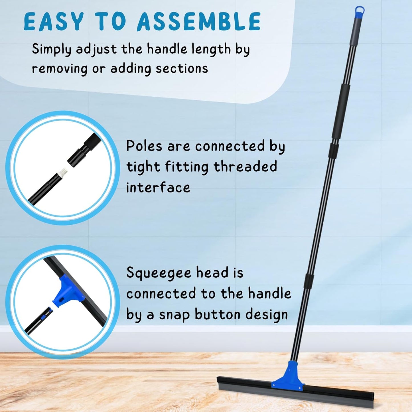 Floor Squeegee for Concrete and Tile Cleaning, 24'' Rubber Wiper Broom, Large Heavy Duty Water Scraper with 60'' Long Handle for Garage, Deck, Bathroom, Shower Glass, Window