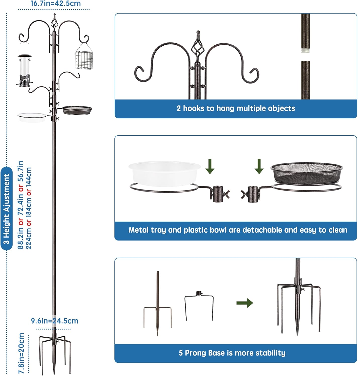 Deluxe Bird Feeding Station Kit With Multi Feeder Hanging Pole, Metal Suet Feeder, Bird Bath, Mesh Tray for Attracting Wild Birds and Planter Hanger (1 Pack)