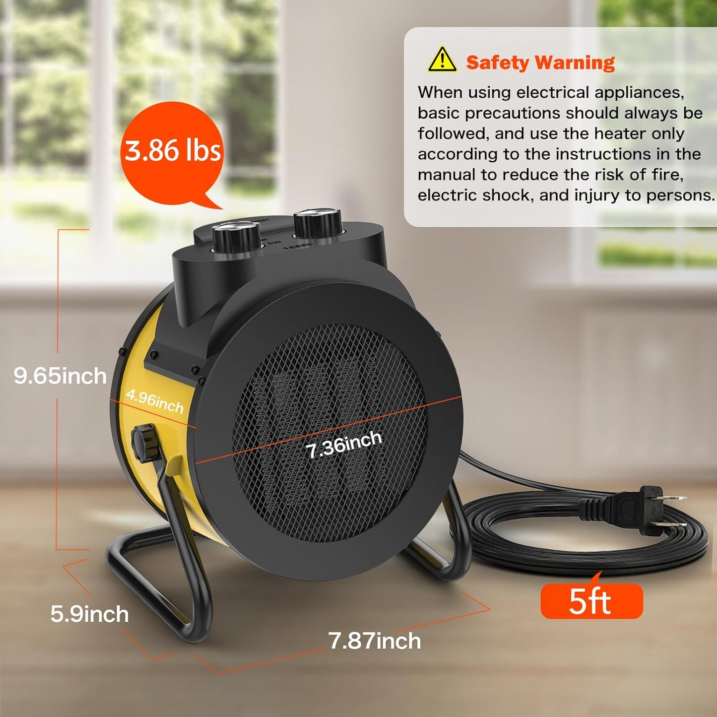 Space Heaters for Indoor Use, 1500W PTC Electric Heater with 90°Adjustable Angle, Fast Safety Heat, Small Portable Heater for Office Home(Yellow)