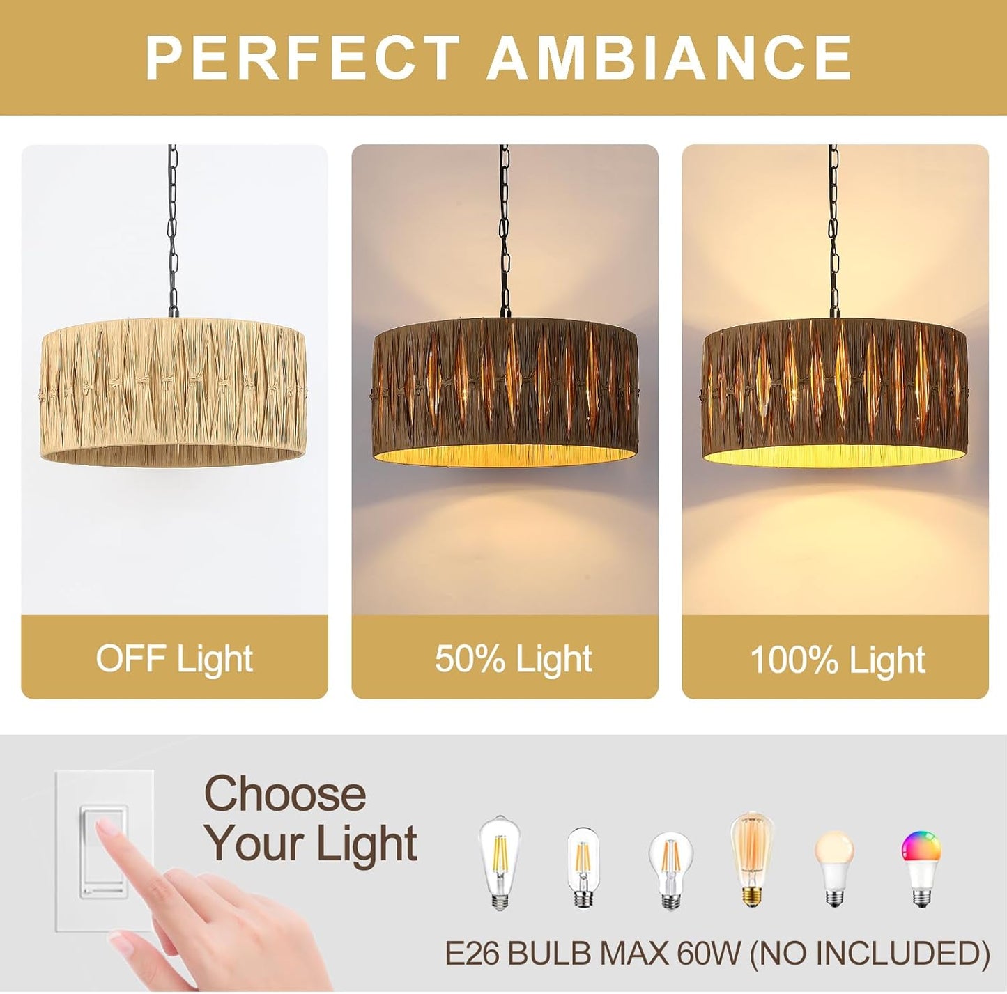 5-Light Boho Chandelier Light Fixture, 18.5" Large Raffia Drum Chandelier Hand Woven Coastal Pendant Light for Dining Room Kitchen Entryway Foyer Bedroom