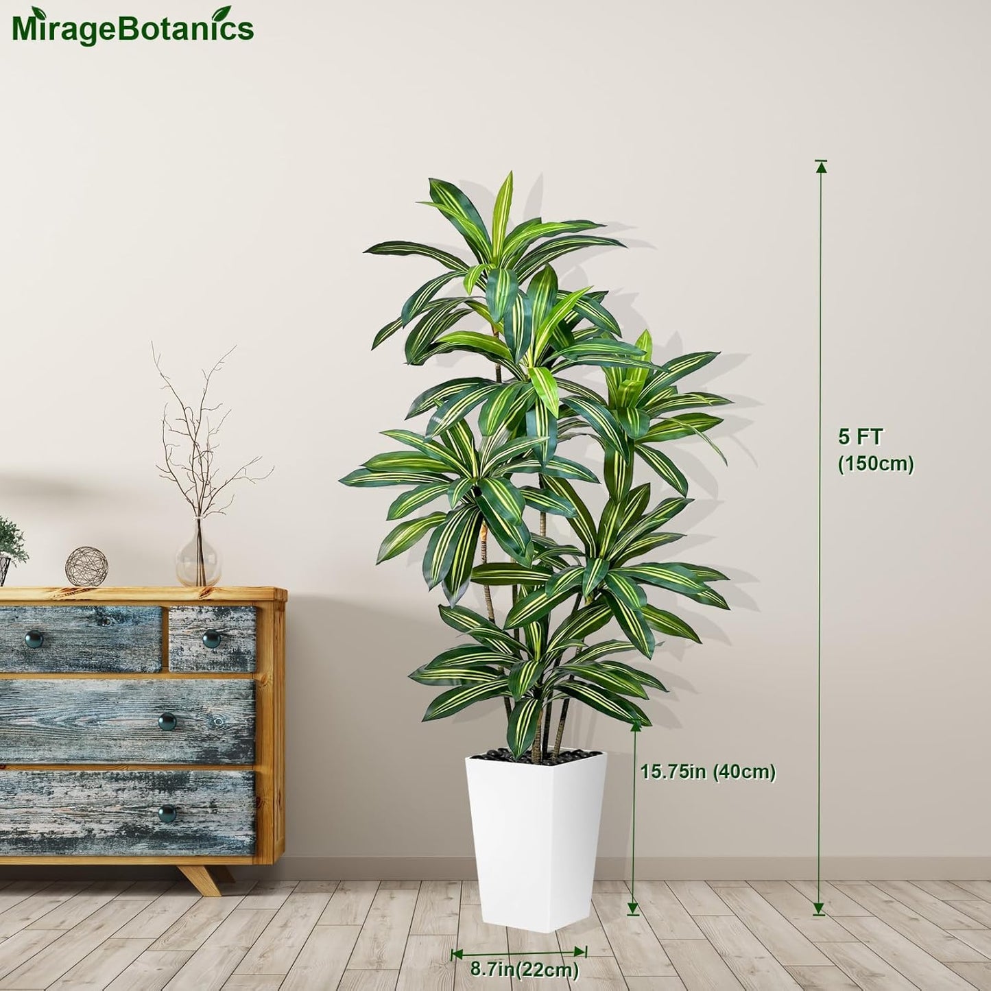 Artificial Dracaena Tree 5FT Tall Fake Plant with White Pot - Realistic Faux Dragon Tree with Tall Planter - Indoor Floor Plant for Home, Office,Mall, Living Room, Bedroom Decor (White - Planter, 5ft)