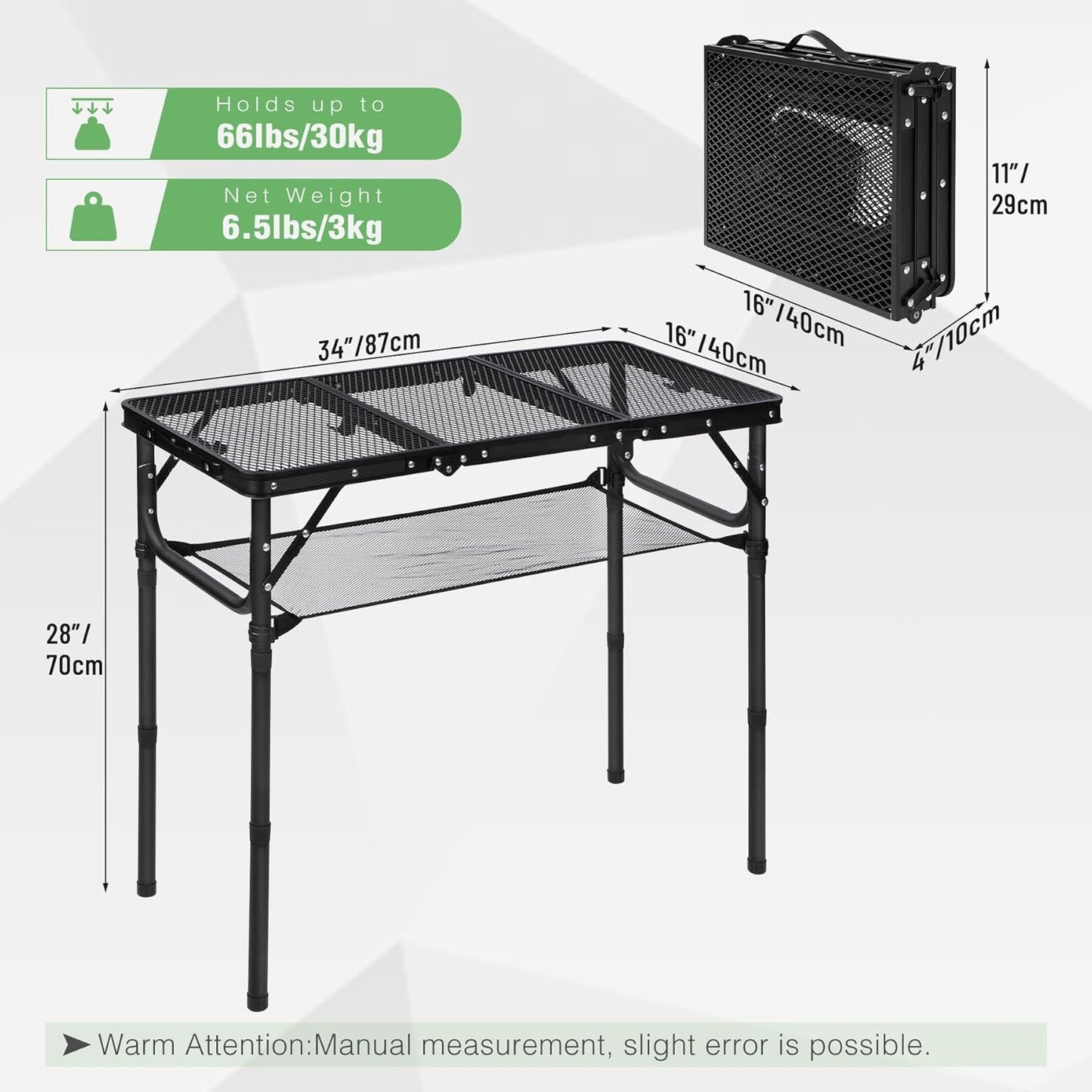 RedSwing Tri-fold Folding Picnic Table, Lightweight Height Adjustable Aluminum Frame Table with Mesh Layer for Outdoor Camping Picnic BBQ, Black